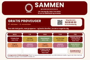 SAMMEN Medborgerhus hos VVC – Skolen For Voksne på Kanaltorvet 1 har gratis prøveuger fra 27. oktober til 6. november. Her kan du prøve alle hold uden beregning.