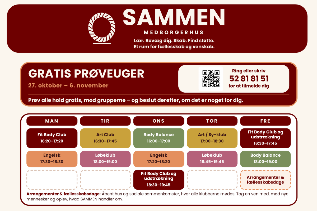 SAMMEN Medborgerhus hos VVC – Skolen For Voksne på Kanaltorvet 1 har gratis prøveuger fra 27. oktober til 6. november. Her kan du prøve alle hold uden beregning.