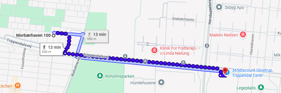 Rute til 365 trippendal centret fra Morbærhaven